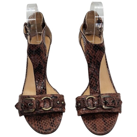 VIA SPIGA Snakeskin T-Strap Heeled Sandals 8 Buckle Strap Neutral Snake Skin - Picture 6 of 9
